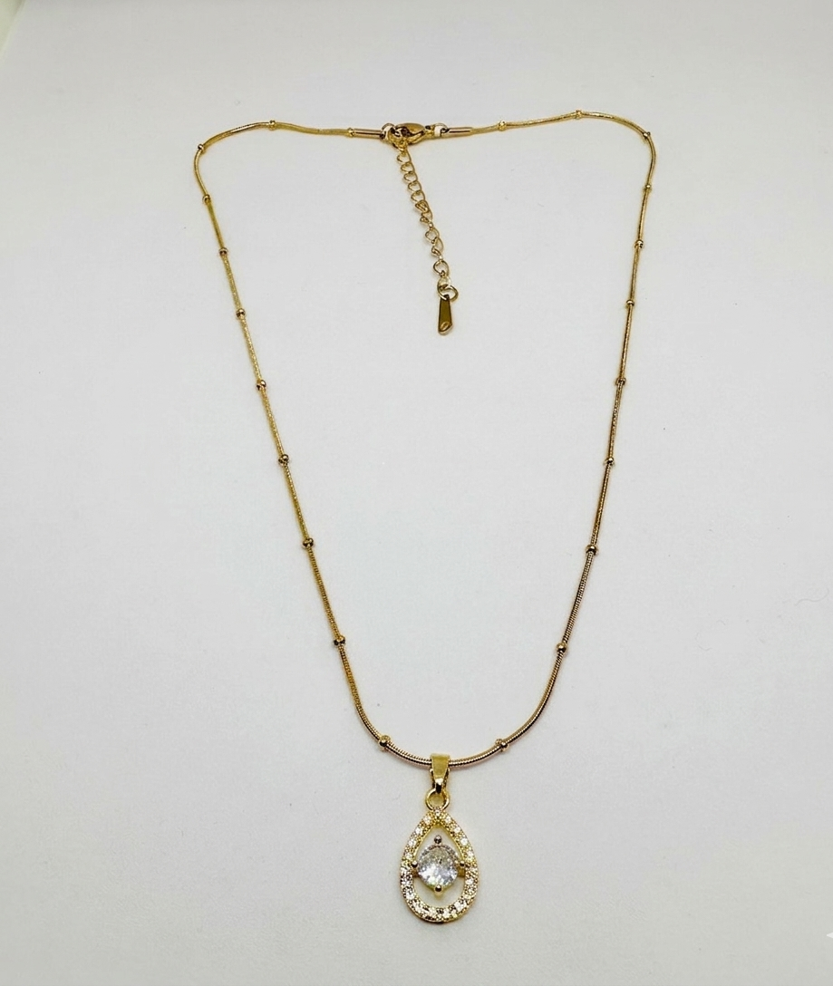 Pear-Cut Halo Pendant on Station Chain - Gold Plated
