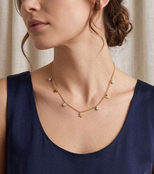 Gold Butterfly and Round Crystal Dainty Necklace