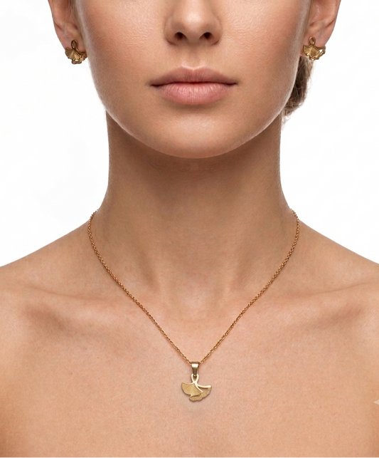 Gold Plated Ginkgo Leaf Pendant & Earrings Set