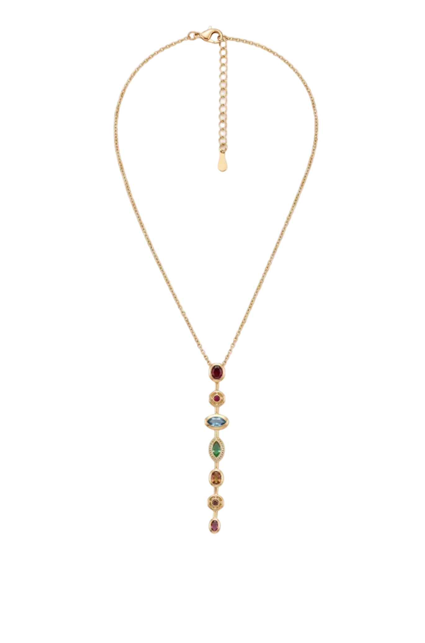 Multi Gemstone Vertical Drop Pendant Necklace - Gold