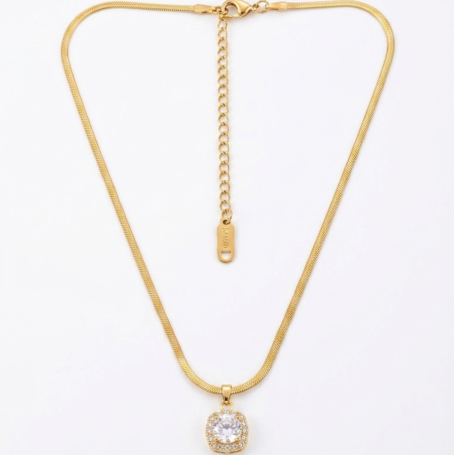 Gold Plated Square Halo Pendant on Herringbone Chain
