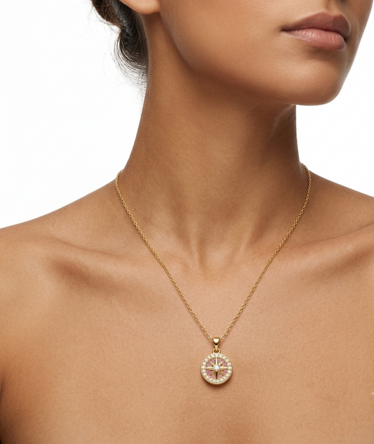 Gold Plated Compass Pendant Necklace with Crystal Accents