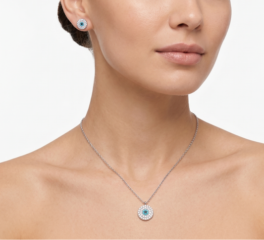 Pavé Diamond and Turquoise Evil Eye Necklace & Earrings Set