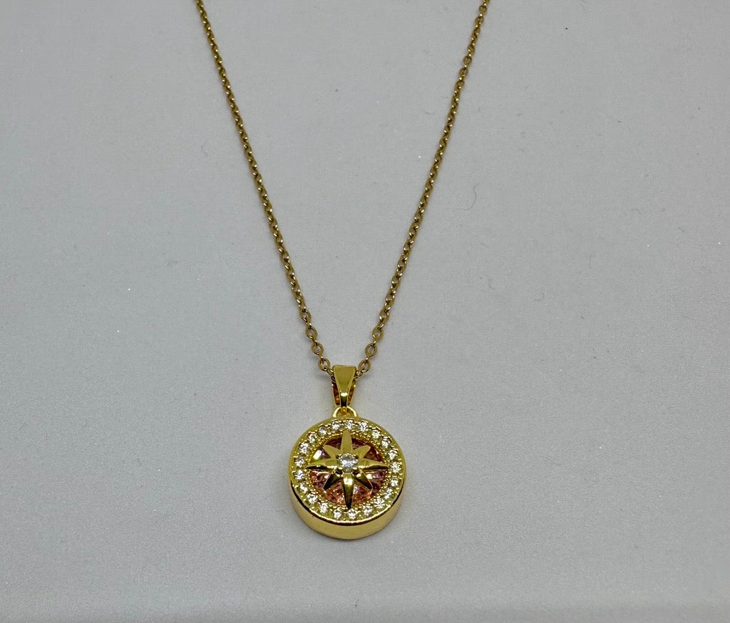 Gold Plated Compass Pendant Necklace with Crystal Accents
