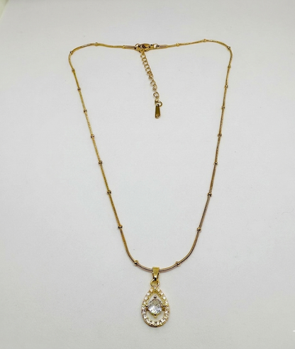 Pear-Cut Halo Pendant on Station Chain - Gold Plated