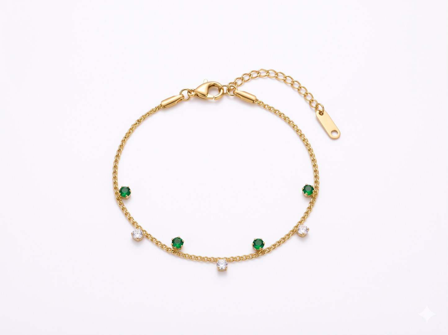 Delicate Gold Chain Bracelet with Alternating Green and White Crystals
