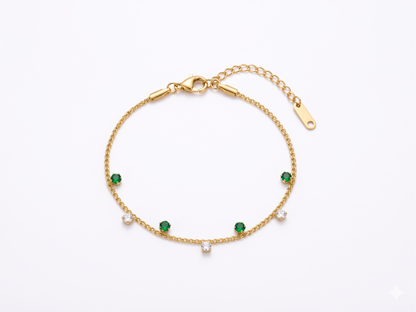 Delicate Gold Chain Bracelet with Alternating Green and White Crystals