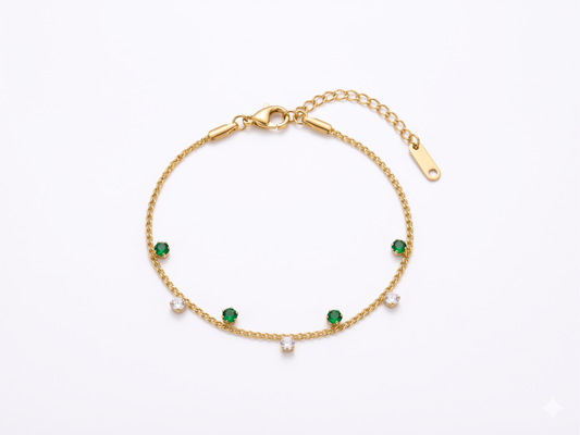 Delicate Gold Chain Bracelet with Alternating Green and White Crystals