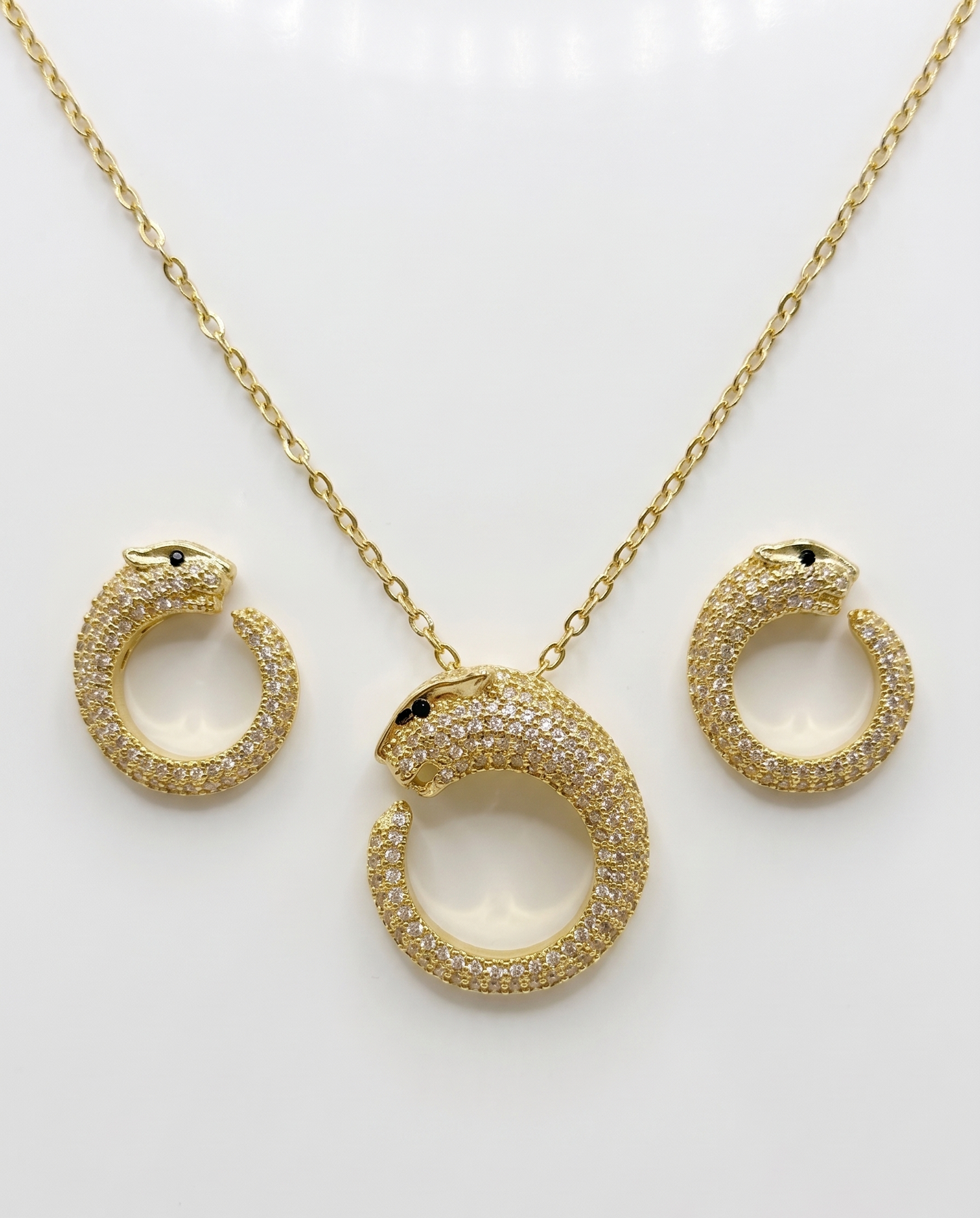 Diamond Panther Head Statement Pendant Necklace and Matching Stud Jewelry Set