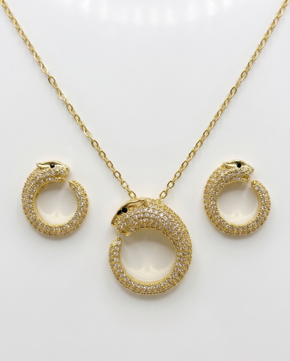 Diamond Panther Head Statement Pendant Necklace and Matching Stud Jewelry Set