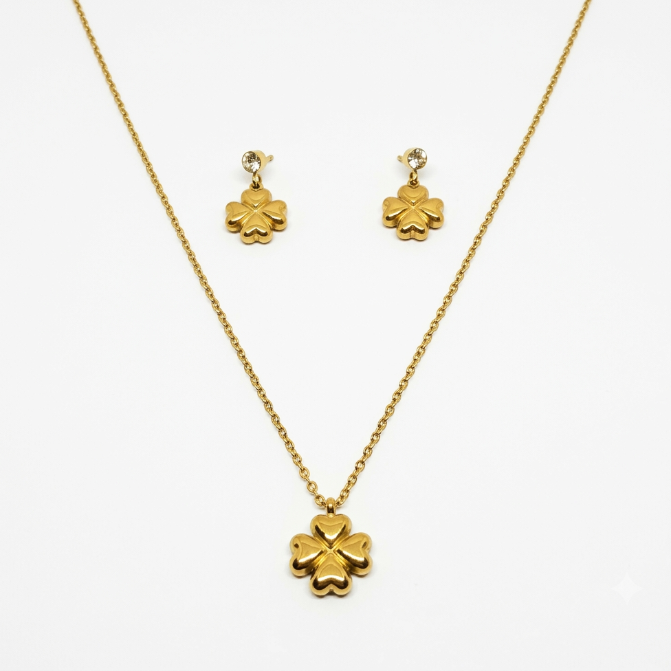 Four-Leaf Clover Pendant Necklace and Earring Set - Gold Plated