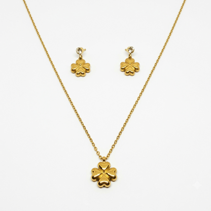 Four-Leaf Clover Pendant Necklace and Earring Set - Gold Plated