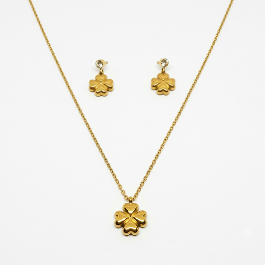 Four-Leaf Clover Pendant Necklace and Earring Set - Gold Plated