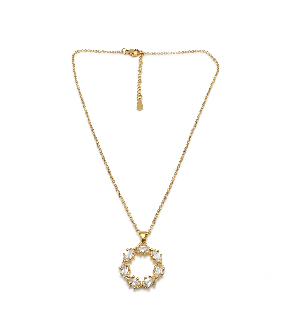 Gold Plated Baguette Stone Circle Pendant Necklace