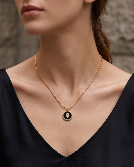 Gold Plated Black Enamel Hamsa Hand Evil Eye Pendant Necklace