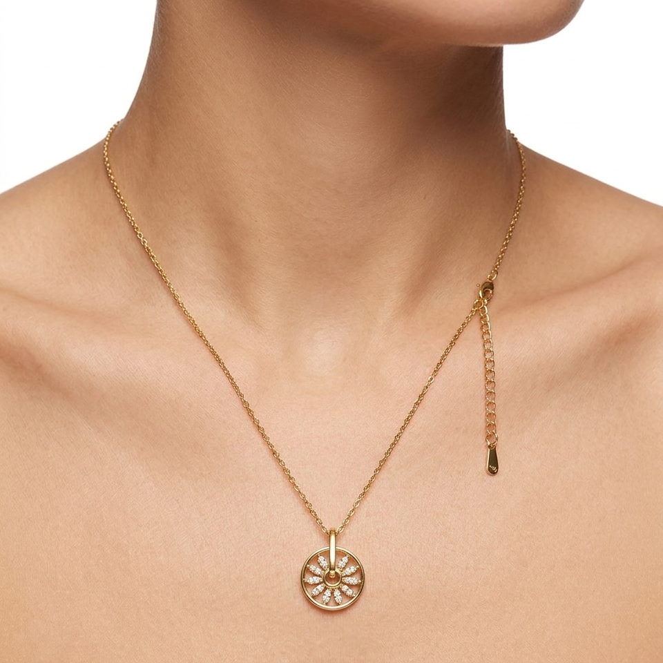 gold-plated daisy sunburst wheel pendant necklace