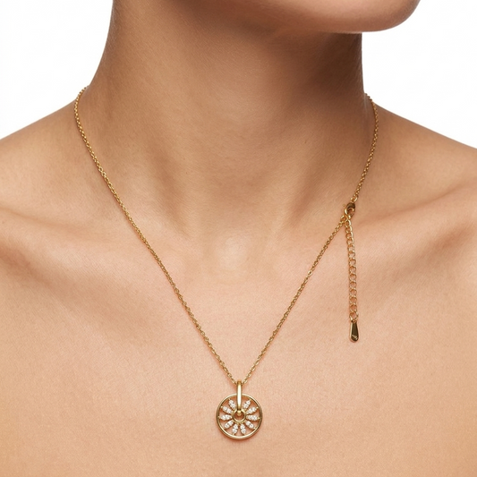 gold-plated daisy sunburst wheel pendant necklace