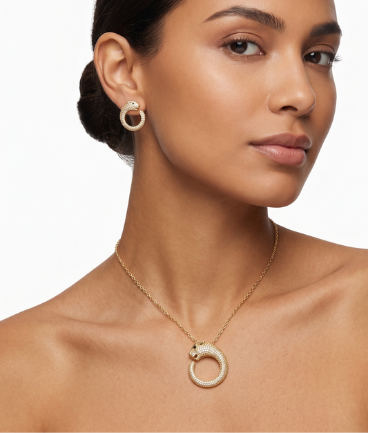 Diamond Panther Head Statement Pendant Necklace and Matching Stud Jewelry Set