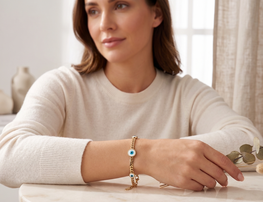 Evil Eye Charm Gold Curb Chain Bracelet