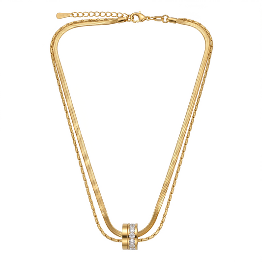 Dual-Layer Gold Ring Charm Necklace