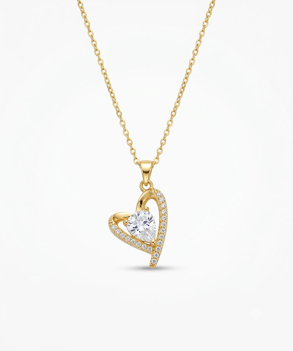 Dainty Heart-Shaped Crystal Charm Necklace in Gold