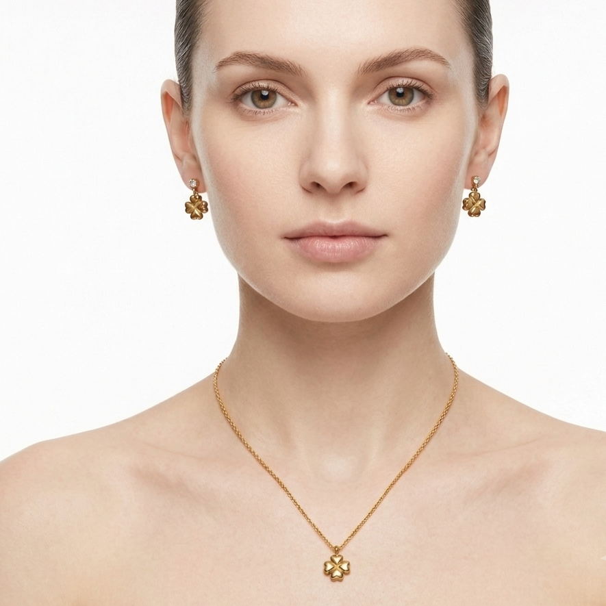 Four-Leaf Clover Pendant Necklace and Earring Set - Gold Plated