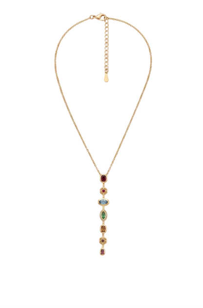 Multi Gemstone Vertical Drop Pendant Necklace - Gold