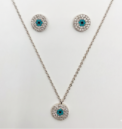 Pavé Diamond and Turquoise Evil Eye Necklace & Earrings Set