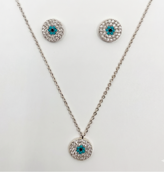 Pavé Diamond and Turquoise Evil Eye Necklace & Earrings Set