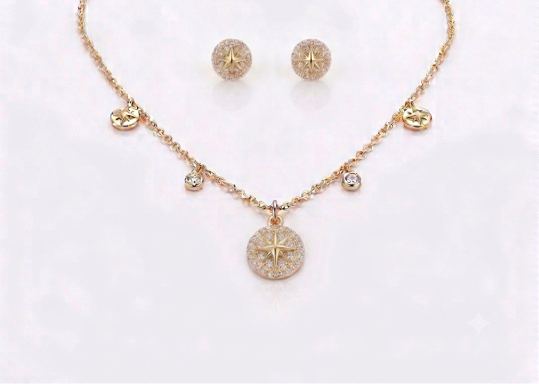 Gold Plated North Star Disc Necklace And Earring Set