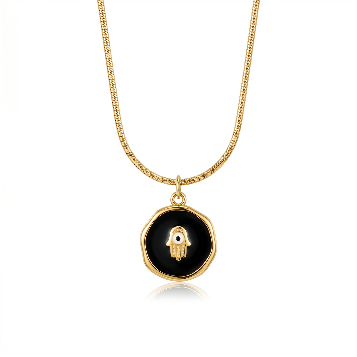 Gold Plated Black Enamel Hamsa Hand Evil Eye Pendant Necklace