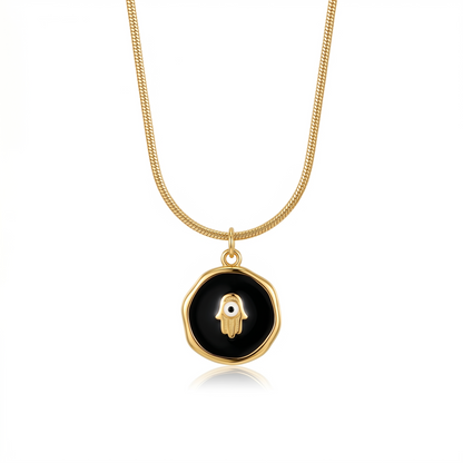 Gold Plated Black Enamel Hamsa Hand Evil Eye Pendant Necklace