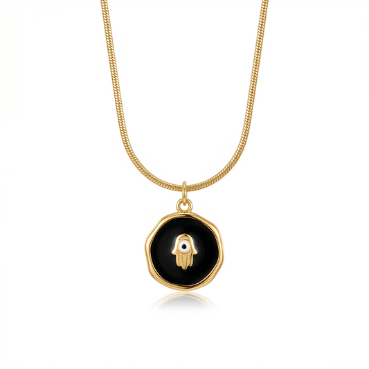 Gold Plated Black Enamel Hamsa Hand Evil Eye Pendant Necklace