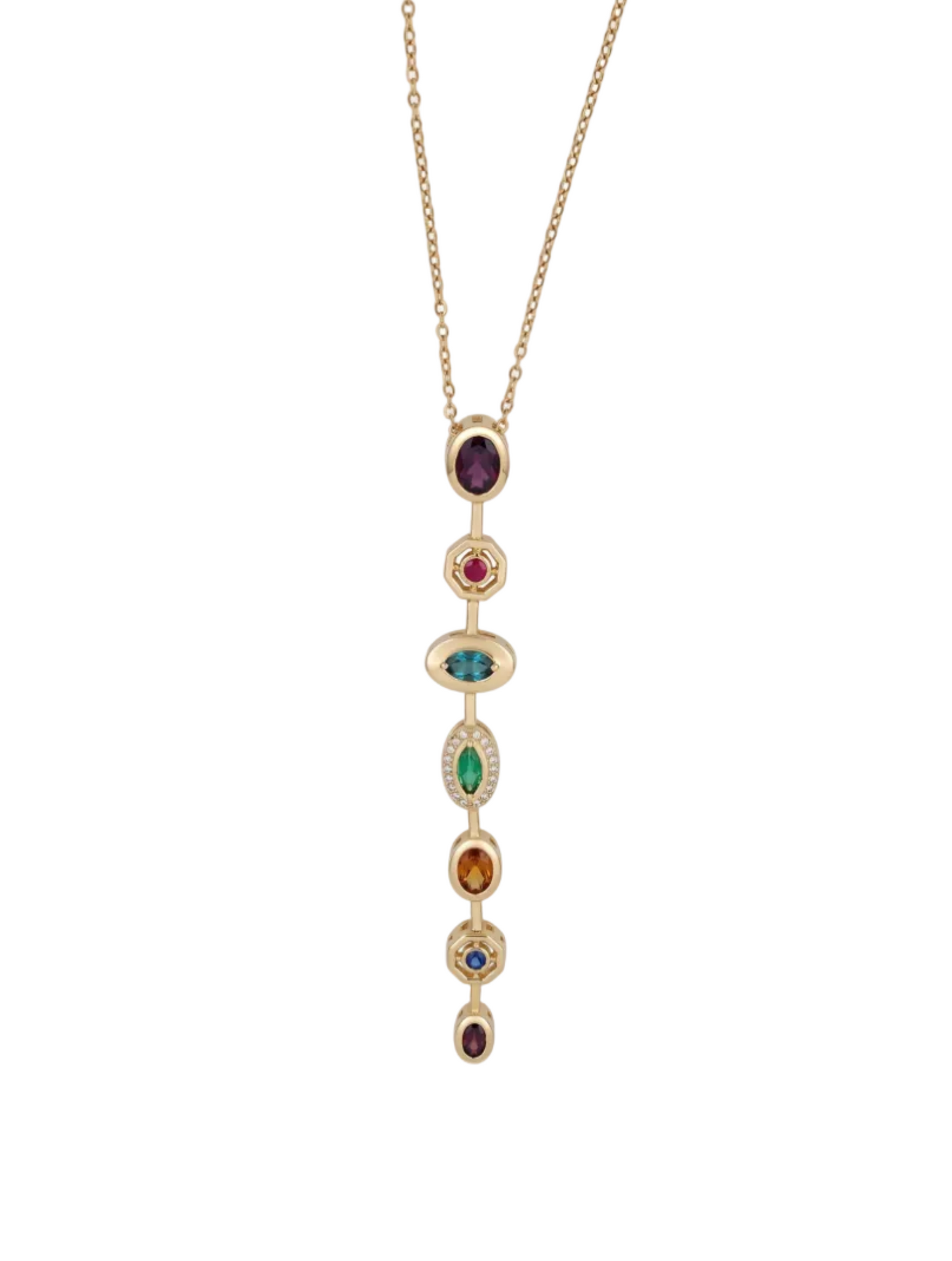 Multi Gemstone Vertical Drop Pendant Necklace - Gold