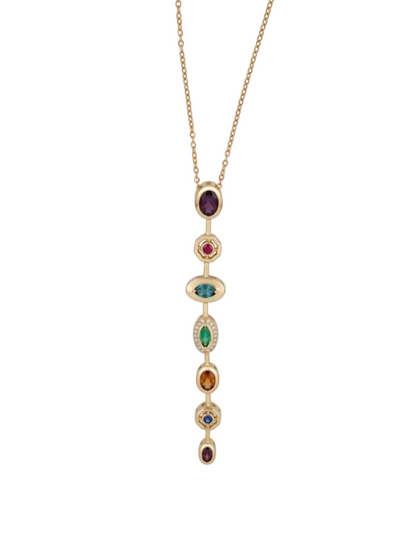 Multi Gemstone Vertical Drop Pendant Necklace - Gold