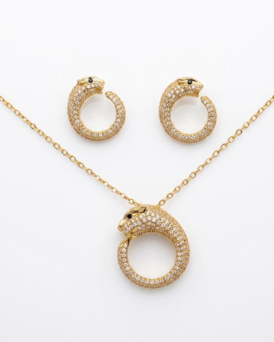Diamond Panther Head Statement Pendant Necklace and Matching Stud Jewelry Set