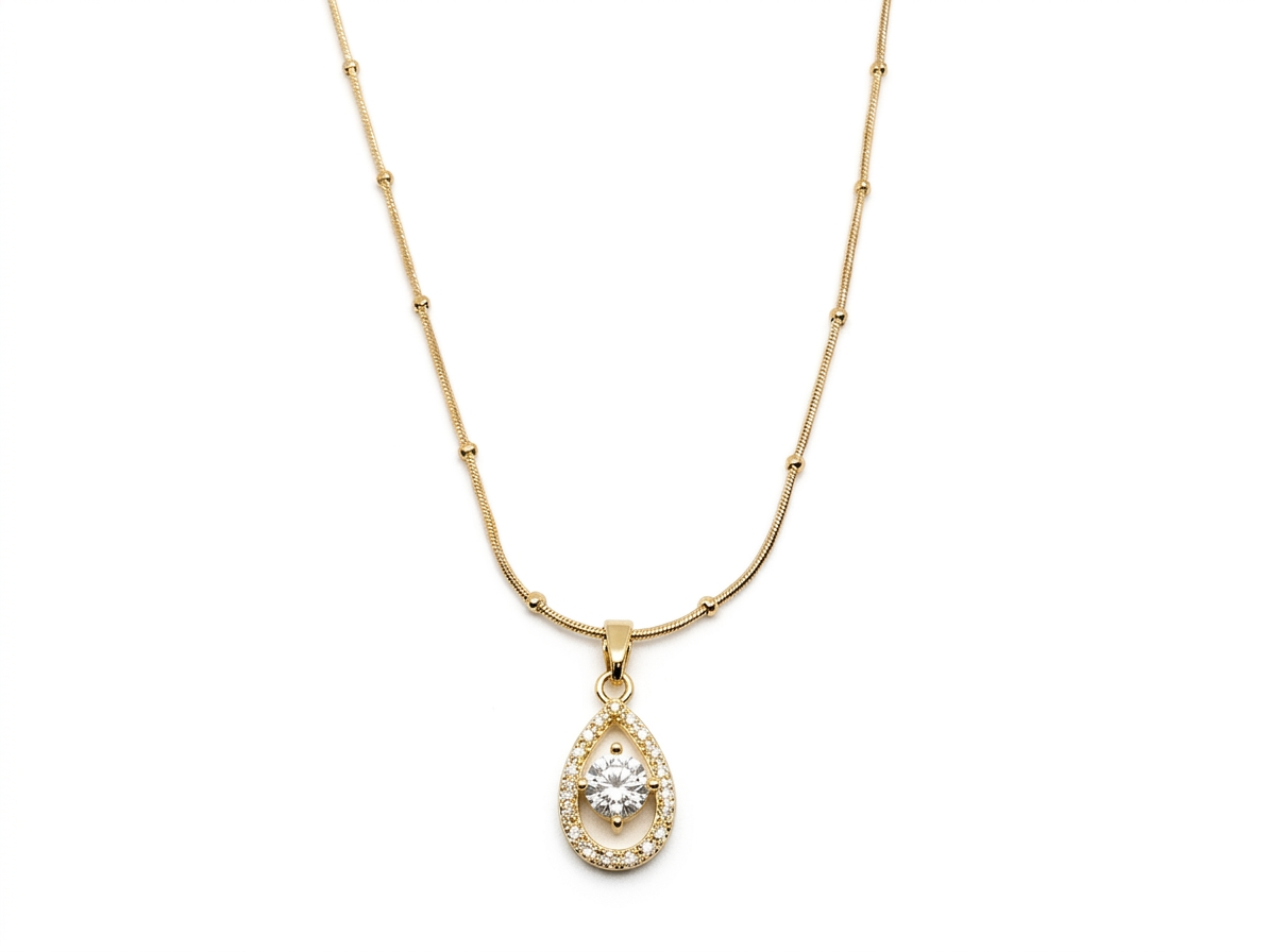 Pear-Cut Halo Pendant on Station Chain - Gold Plated