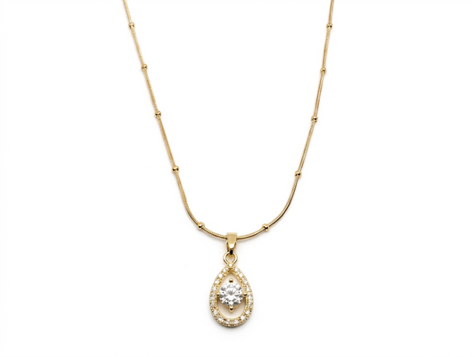 Pear-Cut Halo Pendant on Station Chain - Gold Plated