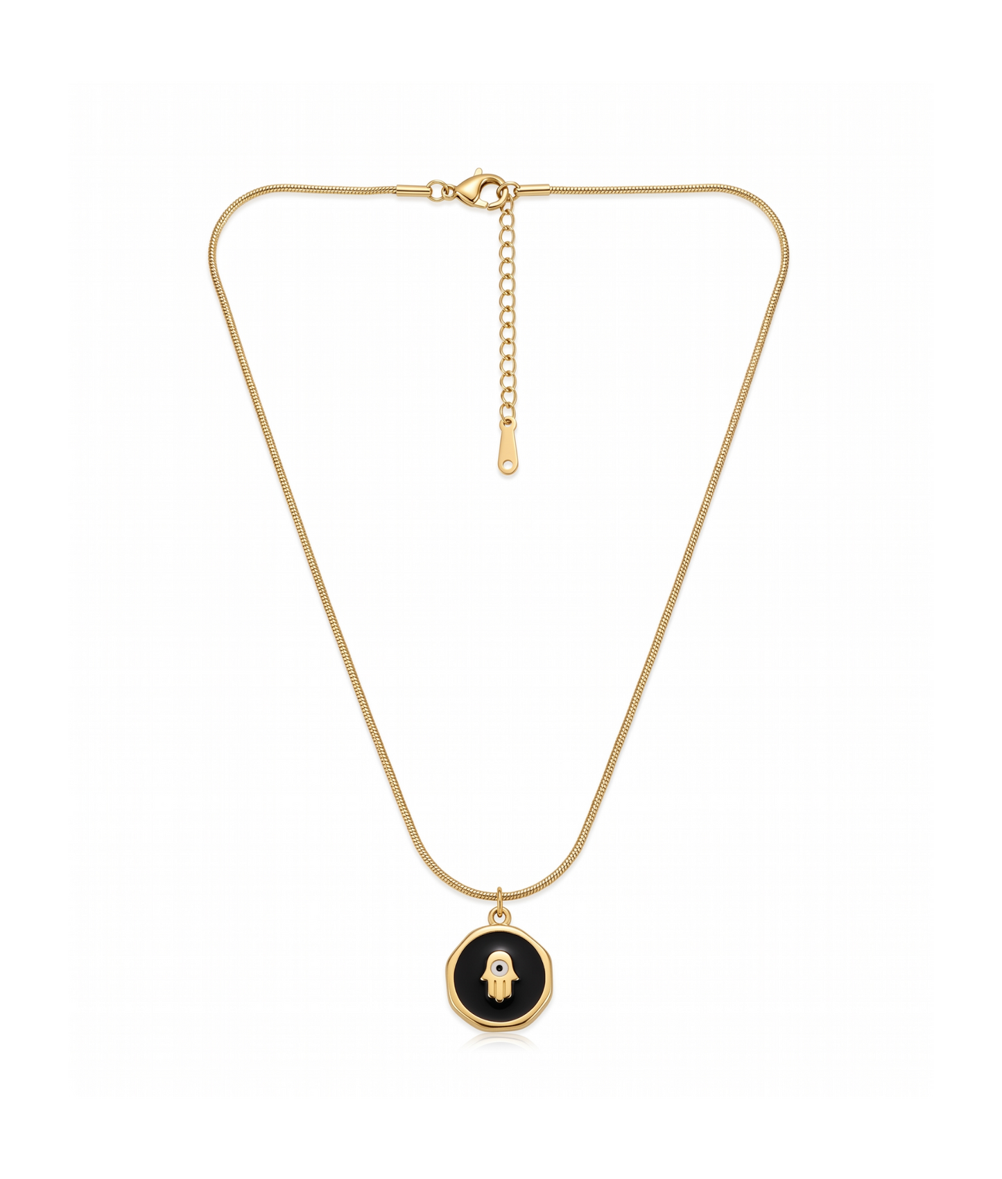 Gold Plated Black Enamel Hamsa Hand Evil Eye Pendant Necklace
