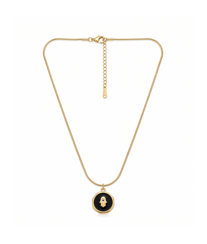 Gold Plated Black Enamel Hamsa Hand Evil Eye Pendant Necklace