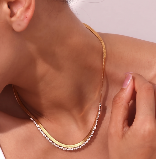 Layered Look Gold Flat Snake Chain and Rhinestone Necklace