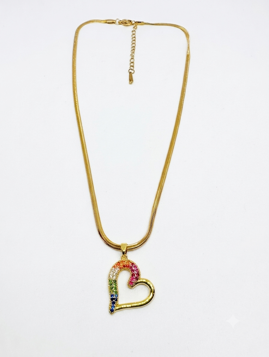 Multi-Color Pavé Heart Necklace on Flat Gold Plated Chain