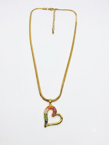Multi-Color Pavé Heart Necklace on Flat Gold Plated Chain