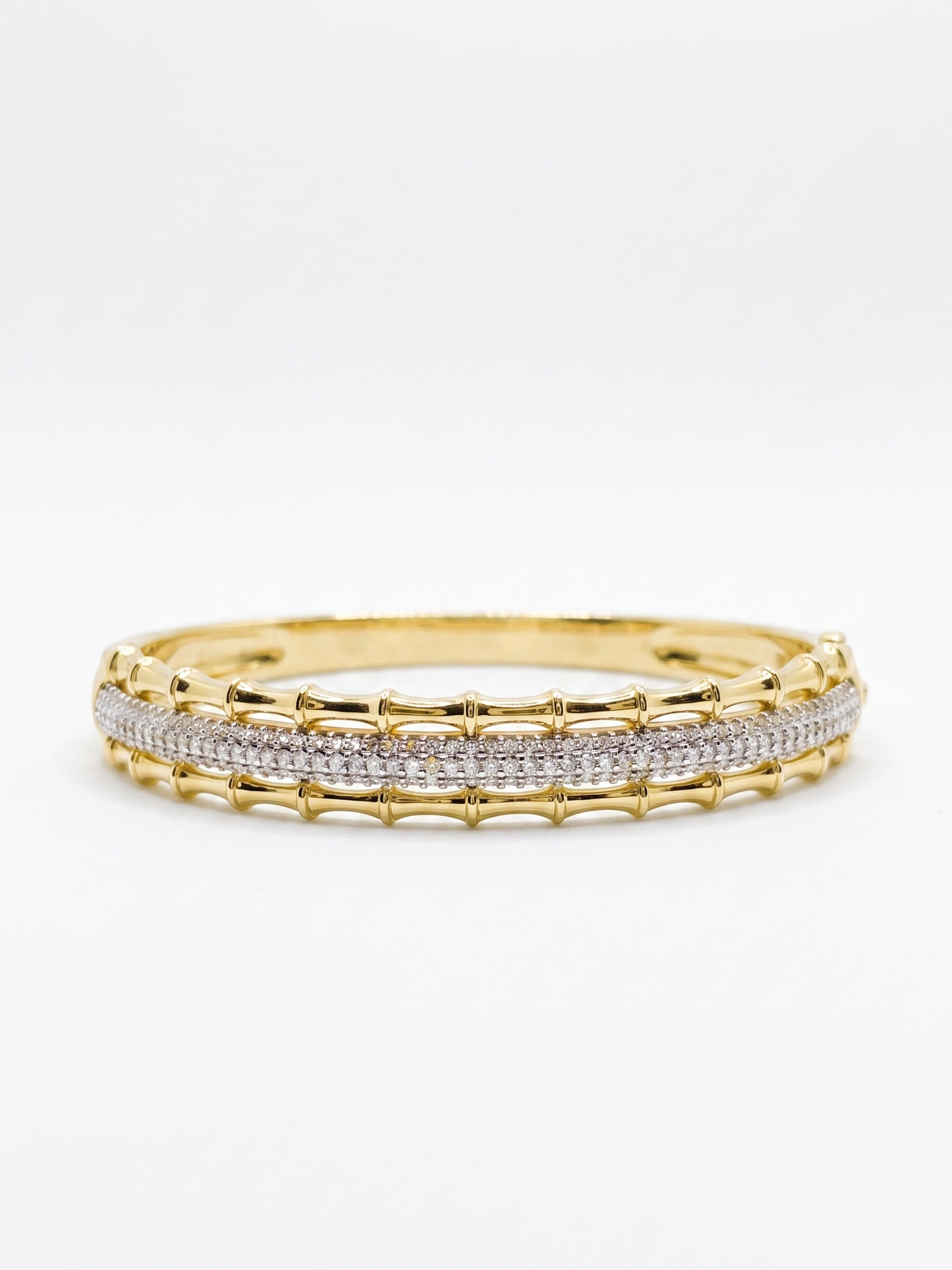 Gold Plated Textured Bamboo Stackable Bangle with Diamonds