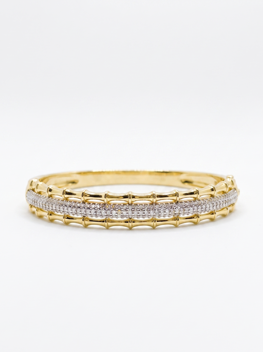 Gold Plated Textured Bamboo Stackable Bangle with Diamonds