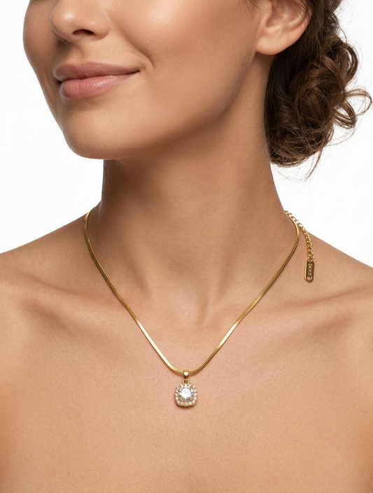 Gold Plated Square Halo Pendant on Herringbone Chain