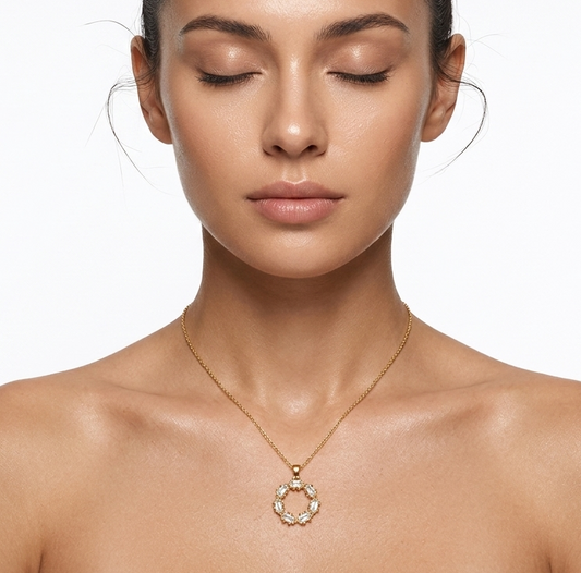 Gold Plated Baguette Stone Circle Pendant Necklace