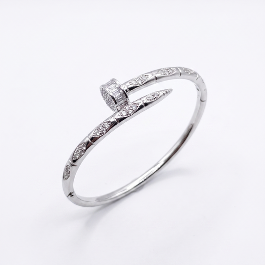 Crystal Accented Nail Bangle - Silver