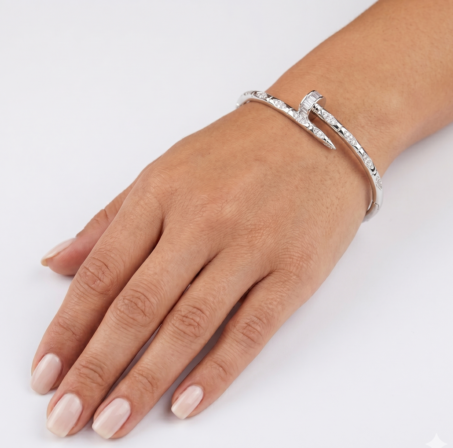 Crystal Accented Nail Bangle - Silver
