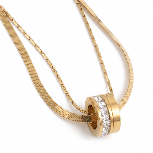 Dual-Layer Gold Ring Charm Necklace